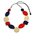 Long Geometric Wood Bead Necklace with Black Cotton Cord in Blue/Red/Cream - 110cm Max/Adjustable