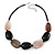 Grey/Black/Beige Oval Acrylic/Resin Bead Black Cords Chunky Necklace - 64cm L/ 8cm Ext