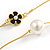 Delicate Double Strand Faux Pearl Bead and Black Enamel Flower Gold Tone Chain Necklace/96cm L - view 5