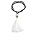White/Black Glass Bead White Cotton Tassel Necklace- 72cm Long/ 14cm Tassel - view 3