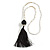 Black/White Glass Bead Black Cotton Tassel Necklace- 72cm Long/ 14cm Tassel