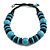Chunky Style Light Blue/Black Wood Bead Cotton Cord Necklace - 64cm Long