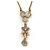 Light Grey/ Beige Enamel Floral Dangle Pendant Gold Tone Chain Necklace - 36cm Length/ 8cm Extension