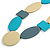 Long Teal Blue/ Grey/ Cream Geometric Wood Bead Necklace with Black Cotton Cords - 110cm L - view 4