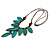 V Shape Wooden Leaf and Round Bead Cotton Cord Necklace/ Teal/ Brown - 74cm L/ 12cm Front Drop - view 6