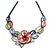 Pastel Multicoloured Matte Enamel Poppy Flower and Leaf Necklace In Black Tone - 45cm L/ 6cm Ext