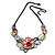 Pastel Multicoloured Matte Enamel Poppy Flower and Leaf Necklace In Black Tone - 45cm L/ 6cm Ext - view 3
