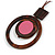 Brown/ Pink Double Circle Wooden Pendant Brown Cotton Cord Long Necklace - 80cm L/ 10cm Pendant - Adjustable - view 4
