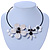 Off White Leather, Shell Bead Floral Wire Choker Necklace with Black Cotton Cord - Adjustable
