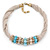Beige Fabric Wire Choker Necklace with Light Blue/ Cream Bead and Crystal Rings In Gold Tone - 41cm L/ 5cm Ext