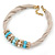 Beige Fabric Wire Choker Necklace with Light Blue/ Cream Bead and Crystal Rings In Gold Tone - 41cm L/ 5cm Ext - view 6