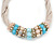 Beige Fabric Wire Choker Necklace with Light Blue/ Cream Bead and Crystal Rings In Gold Tone - 41cm L/ 5cm Ext - view 7