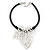 Oversized Leaf Pendant with Thick Black Leather Cord In Silver Tone - 42cm L/ 6cm Ext