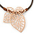 Oversized Leaf Pendant with Thick Brown Leather Cord In Gold Tone - 42cm L/ 6cm Ext - view 3