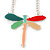 Oversized Multicoloured Resin Dragonfly Pendant with Chunky Oval Link Chain In Light Silver Tone - 52cm L/ 4cm Ext - view 1