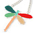 Oversized Multicoloured Resin Dragonfly Pendant with Chunky Oval Link Chain In Light Silver Tone - 52cm L/ 4cm Ext - view 5