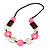 Pink/ Natural Shell, Wood Bead Black Faux Leather Cord Necklace - 80cm L