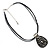 Black Enamel Textured Oval Pendant With Cotton Cord Necklace ( Silver Tone) - 37cm Length - view 5
