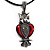 Marcasite Red Enamel Owl On Black Leather Cord Necklace - 40cm Length