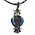 Marcasite Blue Enamel Owl On Black Leather Cord Necklace - 40cm Length
