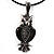 Marcasite Grey Black Enamel Owl On Black Leather Cord Necklace - 40cm Length - view 4