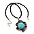 Burn Silver Turquoise Stone Flower Pendant On Leather Cord - 40cm Length