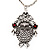 Long Filigree Diamante Owl Pendant Necklace In Burn Silver Metal - 76cm length