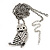 Long Cute Crystal & Simulated Pearl Owl Pendant Necklace In Antique Silver Metal - 60cm Length (10cm Extension) - view 3