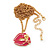 'Skull & Lips' Diamante Enamel Pendant Necklace In Gold Plated Metal - 70cm Length (8cm extension) - view 2