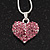 Small Pink Crystal Puffed 'Heart' Pendant Necklace In Rhodium Plated Metal - 40cm Length & 4cm Extension