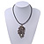 Burn Silver Large Diamante 'Feather' Pendant On Black Leather Cord Necklace - 38cm Length/ 7cm Extension - view 3