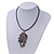 Burn Silver Large Diamante 'Feather' Pendant On Black Leather Cord Necklace - 38cm Length/ 7cm Extension - view 7