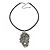 Burn Silver Large Diamante 'Feather' Pendant On Black Leather Cord Necklace - 38cm Length/ 7cm Extension - view 5