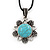 Burn Silver Turquoise Stone 'Flower' Pendant On Black Cotton Cord Necklace - 40cm Length/ 7cm Extension