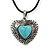 Burn Silver Turquoise Stone 'Heart' Pendant On Black Cotton Cord Necklace - 40cm Length/ 7cm Extension