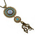 Long Blue Tassel Pendant Necklace In Burn Gold Finish - 70cm Length - view 7