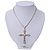 Simulated Pearl and Swarovski Crystal Vintage Style 'Fleur de Lis' Cross Pendant Necklace In Silver Plating - 36cm Length/ 8cm Extension - view 6