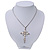 Simulated Pearl and CZ 'Fleur de Lis' Statement Cross Pendant Necklace In Silver Plating - 38cm Length/ 8cm Extension - view 4