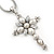 Simulated Pearl and CZ 'Fleur de Lis' Statement Cross Pendant Necklace In Silver Plating - 38cm Length/ 8cm Extension - view 7
