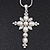 Simulated Pearl and CZ 'Fleur de Lis' Statement Cross Pendant Necklace In Silver Plating - 38cm Length/ 8cm Extension