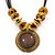 Vintage Cacao Brown 'Medallion' Pendant Necklace On Leather Style Cords In Burn Gold Metal - 38cm Length/ 7cm Extension