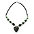 Dark Green Glass 'Heart' Pendant Necklace On Black Leather Style Cord - 50cm Length