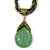 Vintage Bead Light Green Teardrop Glass Pendant Necklace In Antique Gold Metal - 38cm Length/ 5cm Extender