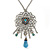 Vintage Inspired Filigree, Crystal Pendant With Light Blue Beaded Chain In Pewter Tone - 44cm Length/ 7cm Extender - view 2