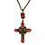 Vintage Inspired Red Crystal, Enamel Cross Pendant With Bronze Tone Chains - 46cm L/ 7cm Ext