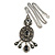 Victorian Style Black Enamel, Floral Charm Pendant With 80cm L Pewter Tone Chain - view 2