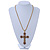 Large Topaz/ Amber Coloured Crystal, Filigree Cross Pendant With Thick Gold Tone Chain - 76cm L - view 4