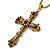 Large Topaz/ Amber Coloured Crystal, Filigree Cross Pendant With Thick Gold Tone Chain - 76cm L - view 8