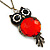 Vintage Inspired Black, Red Owl Pendant With Long Bronze Tone Chain - 80cm Length - view 6