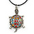 Multi Crystal Turtle Pendant With Black Leather Cord In Burnt Silver Tone - 40cm L/ 4cm Ext